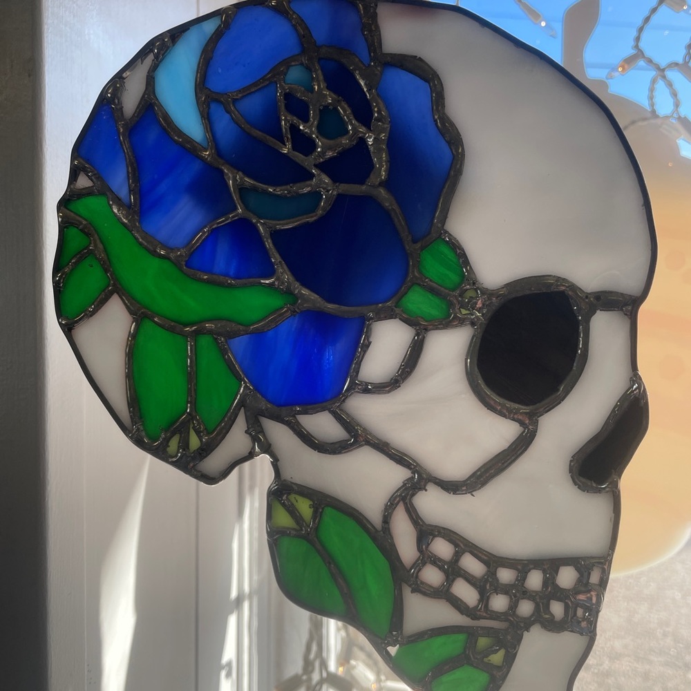 Stained Glass Skull Art with Blue and Green Accents